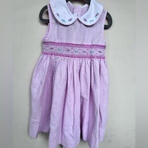 Pink seersucker smocked embroidered girls dress